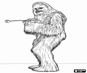 Chewbacca, the huge and hairy wookiee, pointing with his gun coloring page