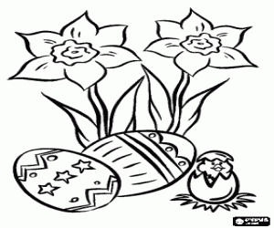 Chick getting out from egg next to some flowers and Easter eggs coloring page