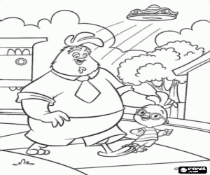 Chicken Little and his father walking quietly around town with a spaceship flying behind them coloring page