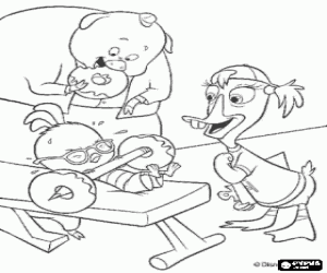 Chicken Little exercising to strengthen his muscles accompanied by his friends coloring page