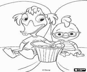 Chicken Little hand in hand with his girlfriend Abby Mallard in the cinema coloring page