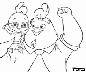 Chicken Little on the shoulders of his dad with his fist raised coloring page