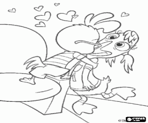 Chicken Little passionately kissing her friend Abby Mallard in the cinema coloring page