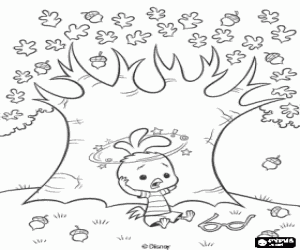 Chicken Little under the tree after the fall of acorns on his head coloring page