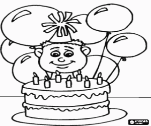 Child at his birthday party with balloons and a hat, ready to blow out the candles on the cake coloring page