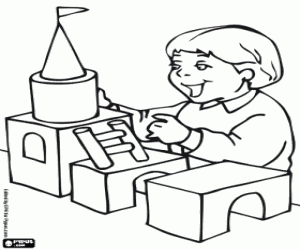 Child doing a castle with a construction set with wood pieces coloring page