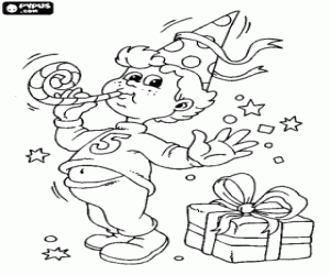 Child happy and joyful in his birthday party coloring page