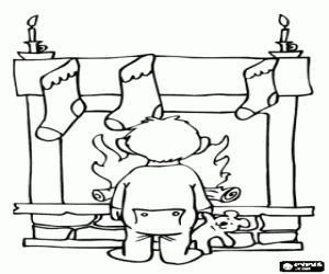 Child in front of fireplace with stockings hung on Christmas Eve coloring page