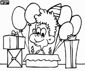 Child in the celebration of his birthday cake with candles, gifts and balloons coloring page