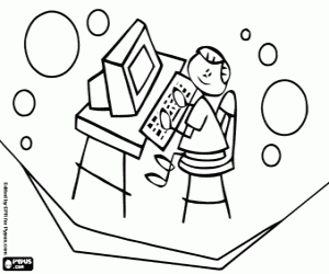 Child playing on the computer coloring page