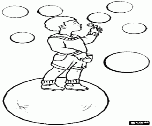 Child playing to blow soap bubbles coloring page