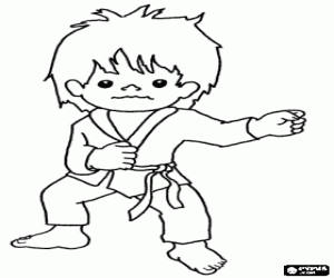 Child practicing martial arts, training karate with the uniform karategi: jacket or kimono, pants and belt coloring page