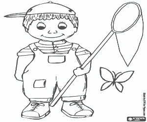 Child tries to catch a butterfly with a butterfly net coloring page