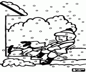 Child trying to take a walk with the dog during a heavy snowfall coloring page