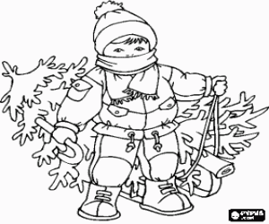 Child with warm hat and scarf dragging a Christmas tree coloring page