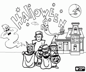 Children dressed as monsters and witches in front of a haunted house with ghosts on Halloween night coloring page