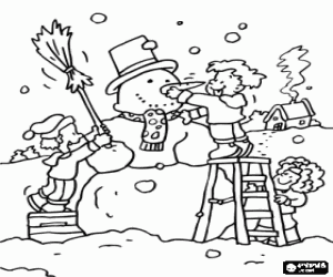Children making a big snowman coloring page