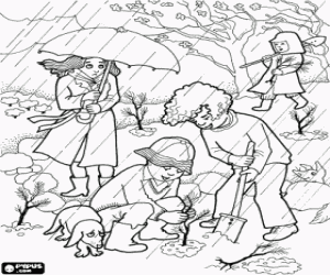 Children planting small trees in the garden under an autumn rain coloring page