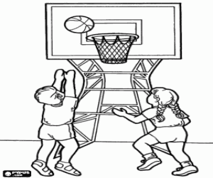 Children playing basketball, throwing the ball to the basket coloring page