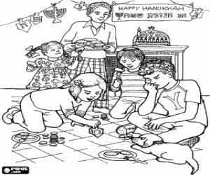 Children playing with the dreidel or sevivon, a four-sided spinnung top, on the celebration of Hanukkah coloring page