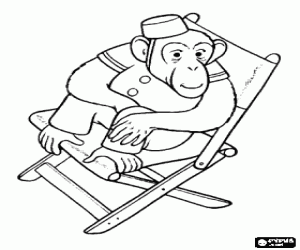 Chimpanzee dressed in a suit and sitting in a chair coloring page
