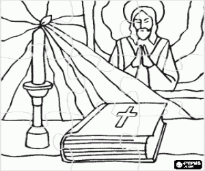 Christianity puzzle - The Bible and a lit candle on the altar with an image of Jesus in the background coloring page