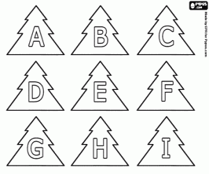 Christmas Alphabet, capital letters A to I in a Christmas tree coloring page