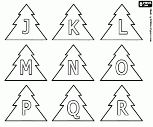 Christmas Alphabet, capital letters J to R in a Christmas tree coloring page