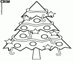 Christmas tree adorned with stars, colored baubles and candy sticks coloring page