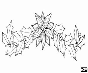 Christmas wreath made up of a poinsettia and holly leaves coloring page