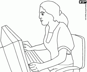 Clerk or administrative working in front of the computer screen coloring page