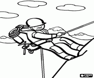 Climber going up with a rope and with the entire equipment coloring page