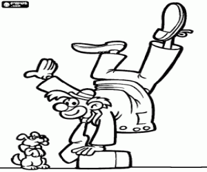 Clown doing balances of an arm on pedestal with a small dog watching coloring page