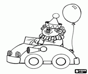 Clown driving a small car in the performance of the circus coloring page