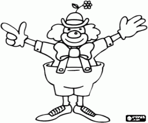 Clown with full clown costume, a hat with a flower, wig, gloves, tie, big pants and big shoes coloring page