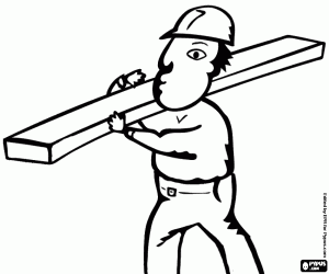 Construction worker carrying a wooden plank on his shoulder coloring page