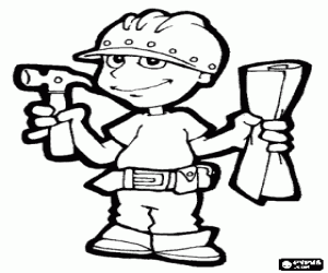 Construction worker with helmet and a hammer coloring page