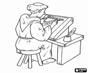 Copyist monk working with pen and ink on parchment or paper in the scriptorium coloring page
