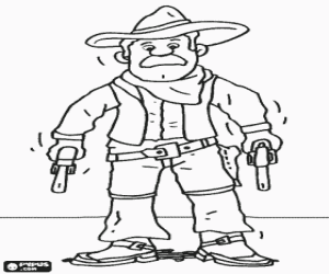 Cowboy armed or gunman with two revolvers ready for a duel coloring page