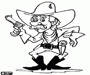 Cowboy armed with a revolver in hand and ready for action coloring page