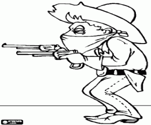 Cowboy bandit or robber with his face covered with a handkerchief and two guns pointing coloring page
