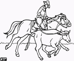 Cowboy riding a horse and catching a head of cattle with the lasso coloring page