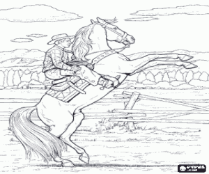 Cowboy riding a wild horse in a rodeo coloring page