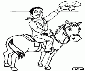 Cowboy saluting with the hat while he rides a horse coloring page