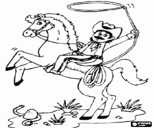 Cowboy with lasso riding a horse on hind legs when seeing a snake coloring page