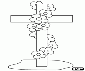 Cross nailed to the floor adorned with a garland of flowers coloring page