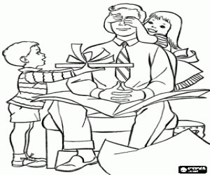 Dad blindfolded receiving surprise gift from their children coloring page