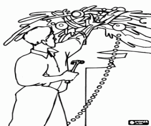Dad hanging a Christmas decoration hanging on the wall coloring page