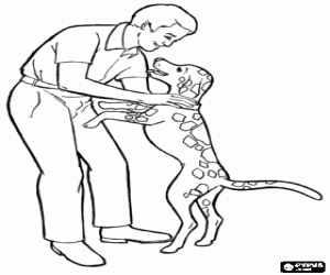 Dad patting his dog that welcomes the day coloring page