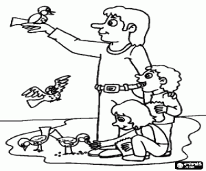 Dad playing in the park with their children and the birds coloring page